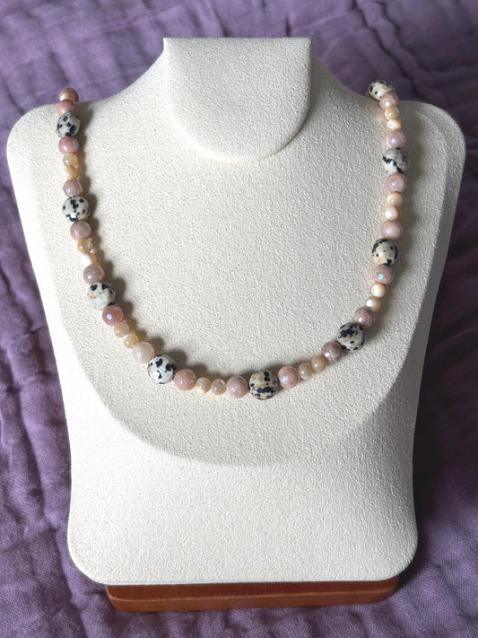 Dalmatian Jasper and Sunstone Necklace with Peach Moonstone Charm