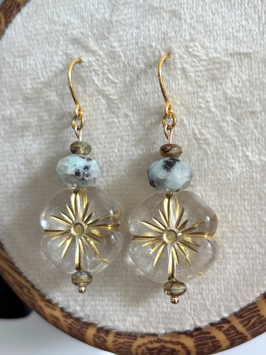 Kiwi Jasper Crystal Flower Earrings