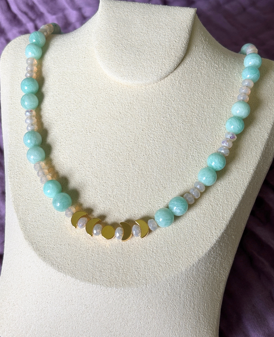 Amazonite and Moonstone Moon Cycle Necklace