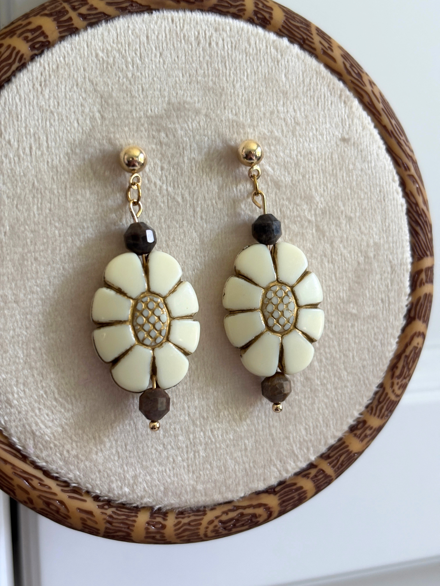 Chocolate Moonstone Flower Earrings
