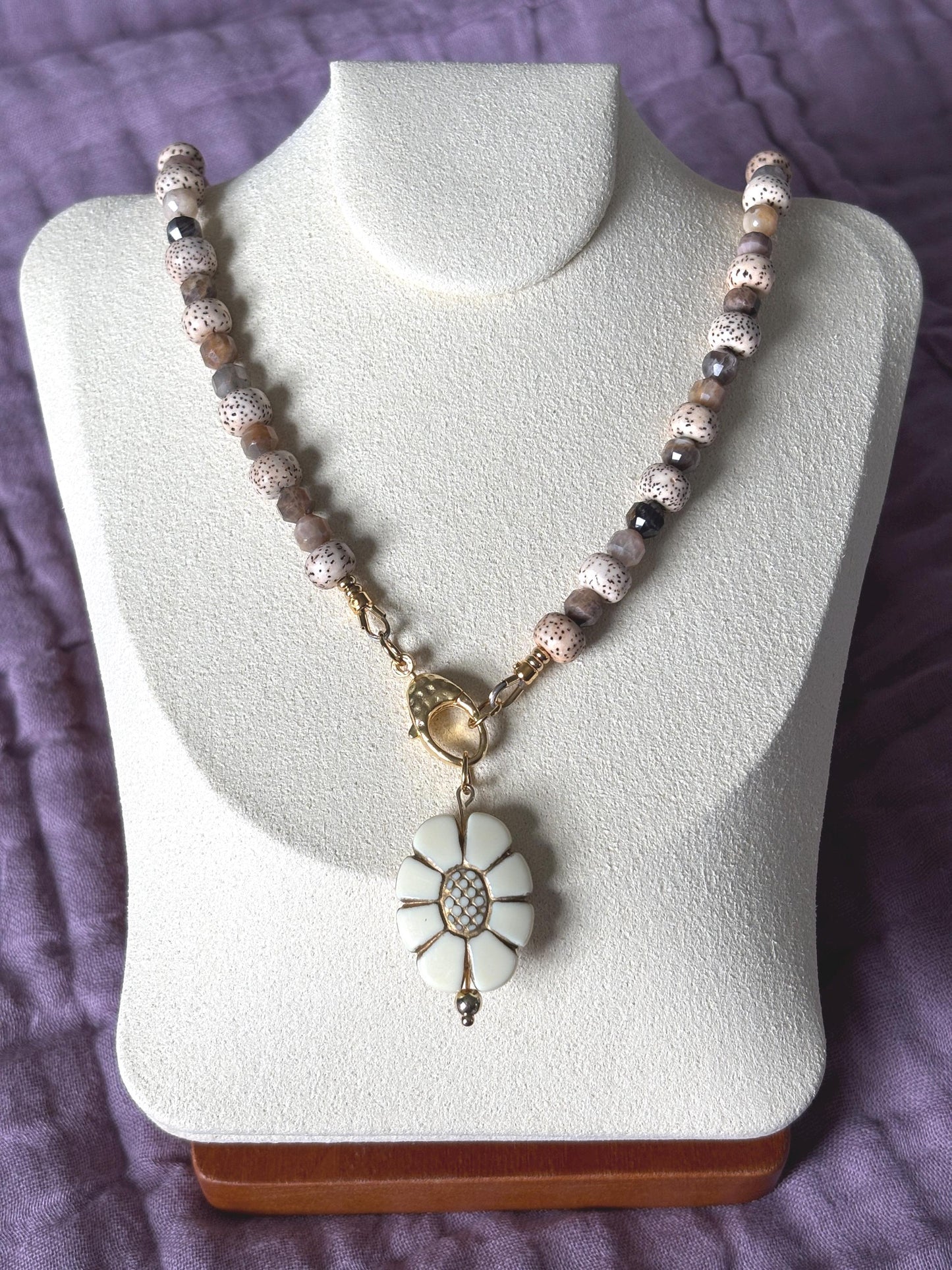 Chocolate Moonstone and Bodhi Seed Necklace