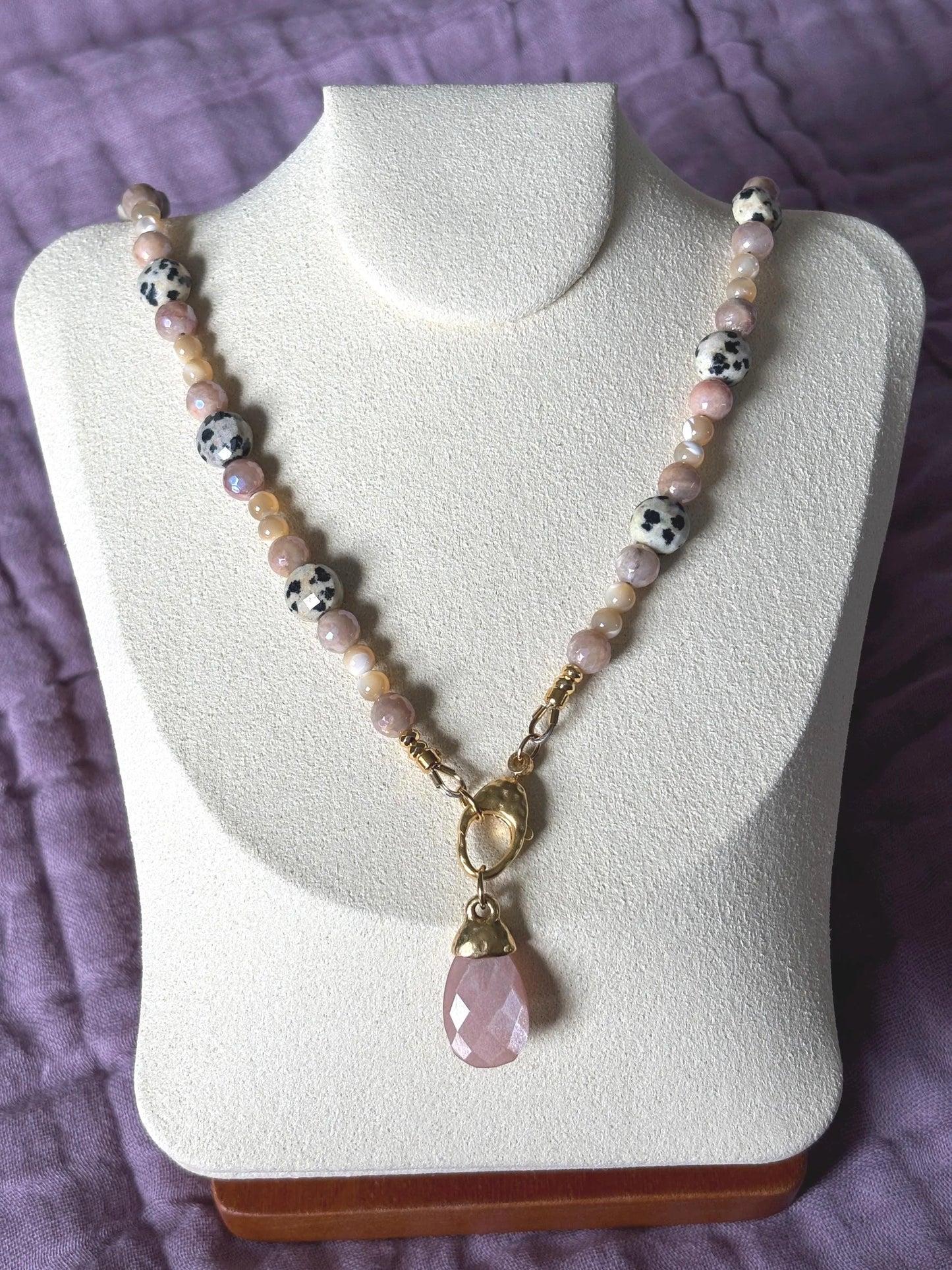 Dalmatian Jasper and Sunstone Necklace with Peach Moonstone Charm