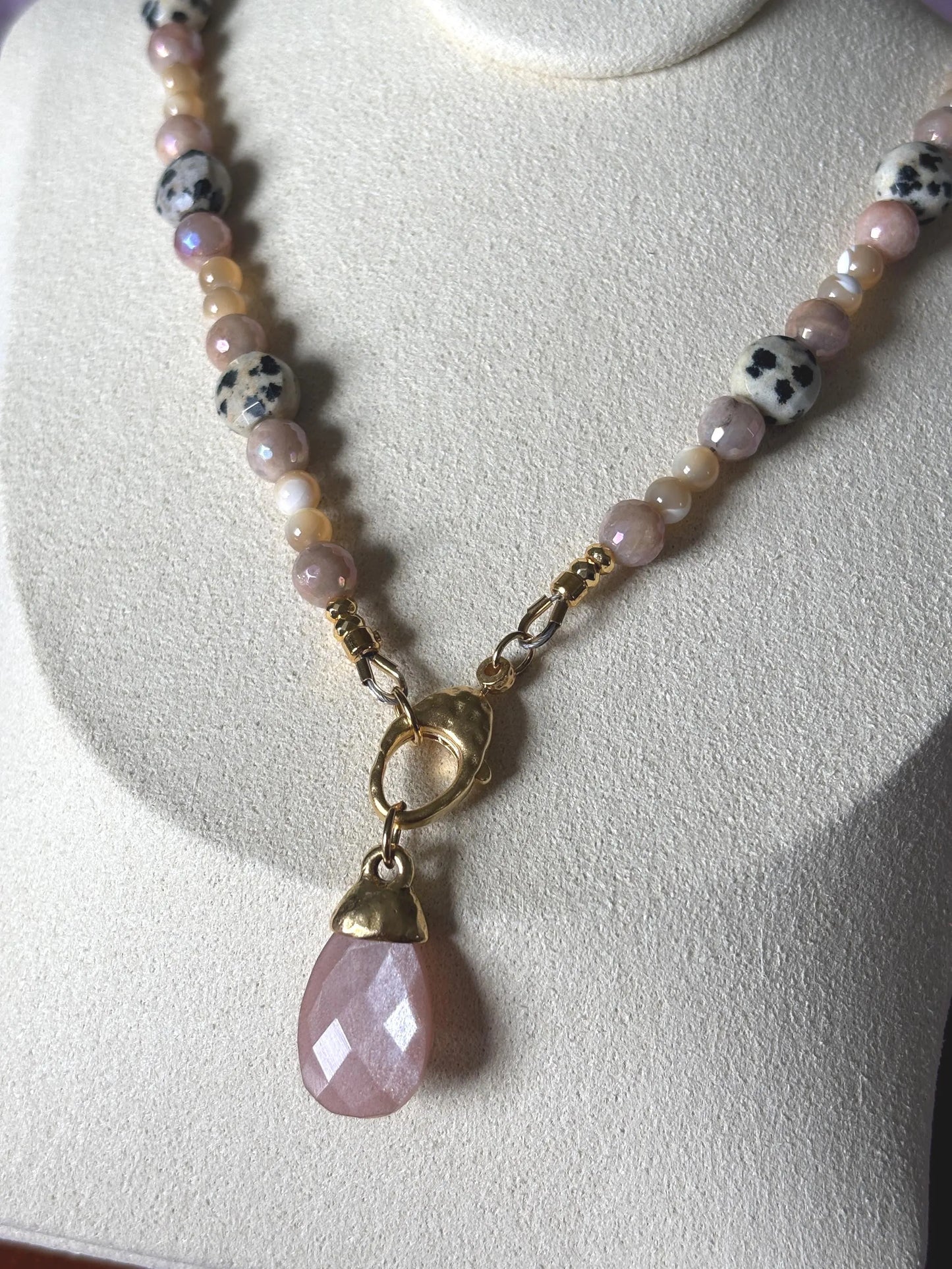 Dalmatian Jasper and Sunstone Necklace with Peach Moonstone Charm