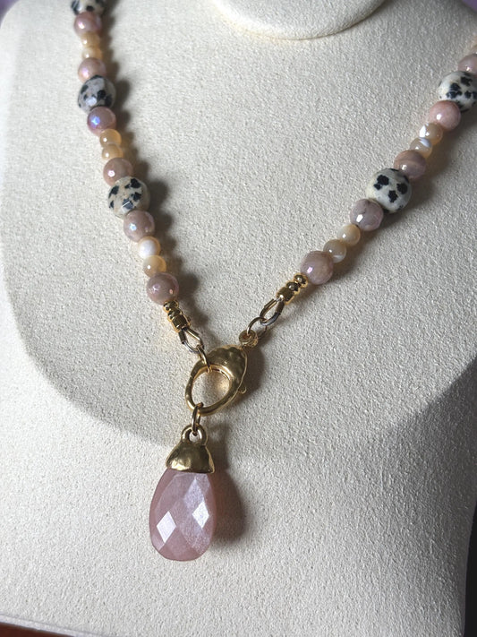 Dalmatian Jasper and Sunstone Necklace with Peach Moonstone Charm