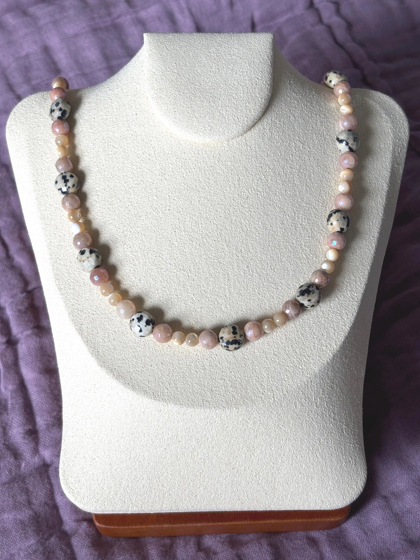 Dalmatian Jasper and Sunstone Necklace with Peach Moonstone Charm