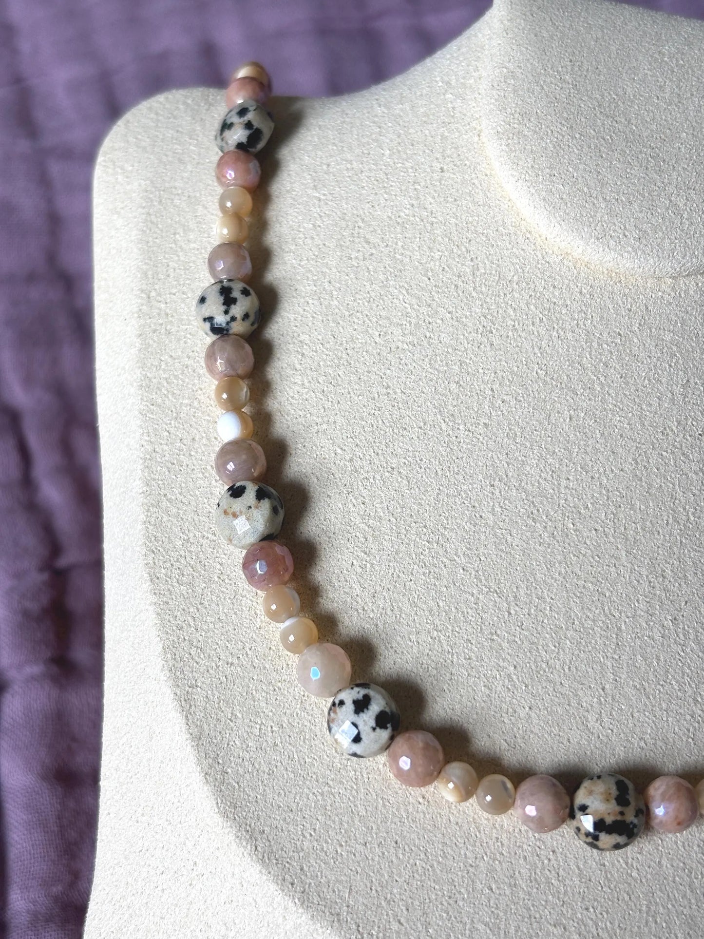 Dalmatian Jasper and Sunstone Necklace with Peach Moonstone Charm