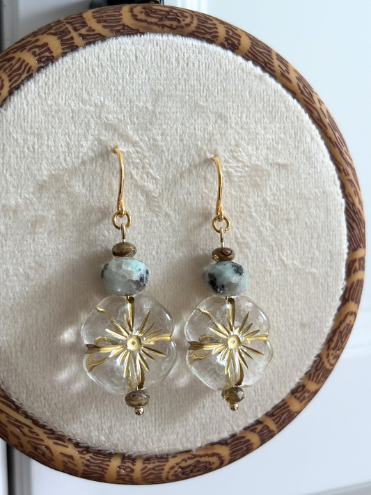 Kiwi Jasper Crystal Flower Earrings